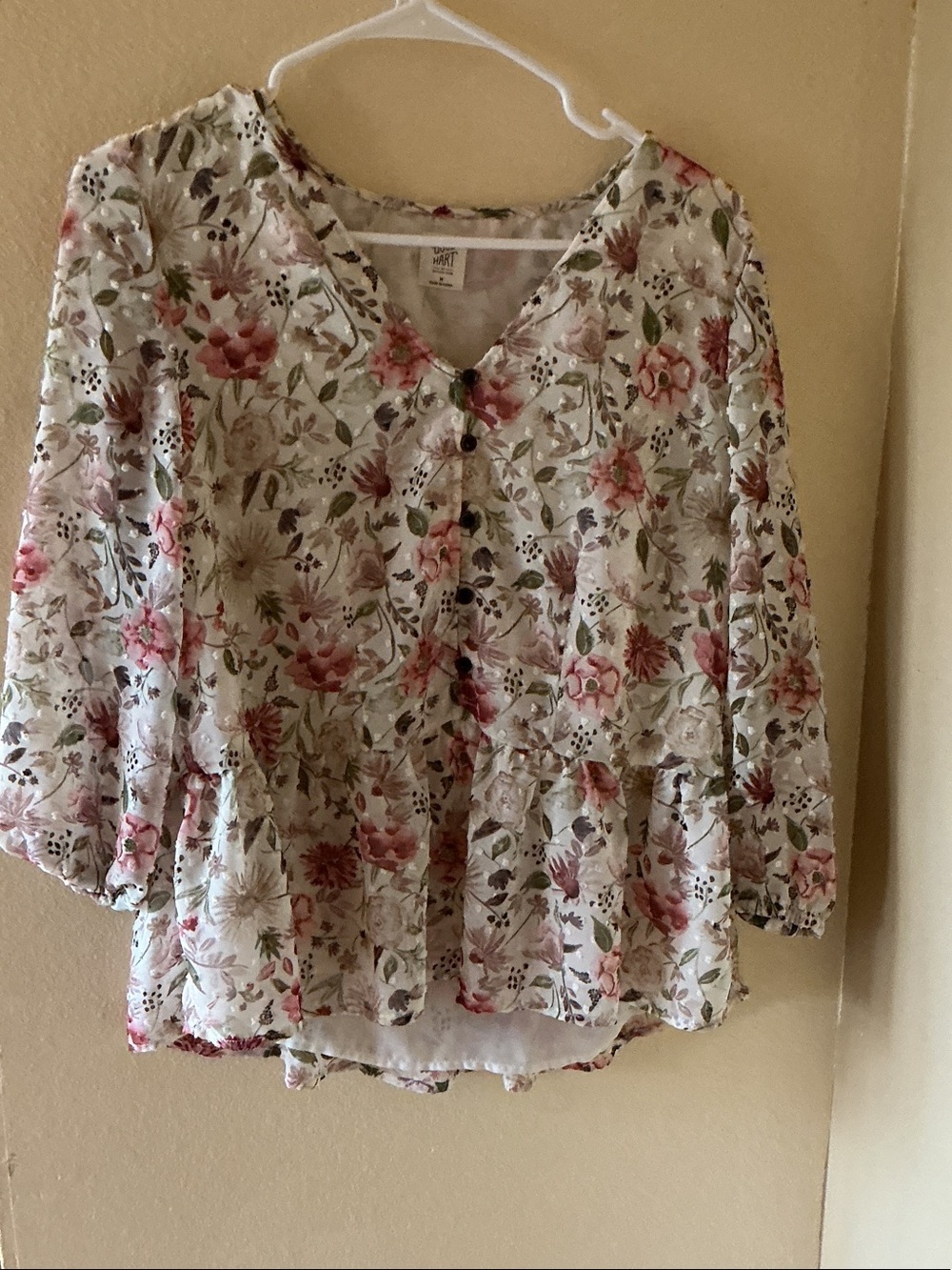Women's Floral Peplum Button-Front Blouse - Cream with Pink & Green